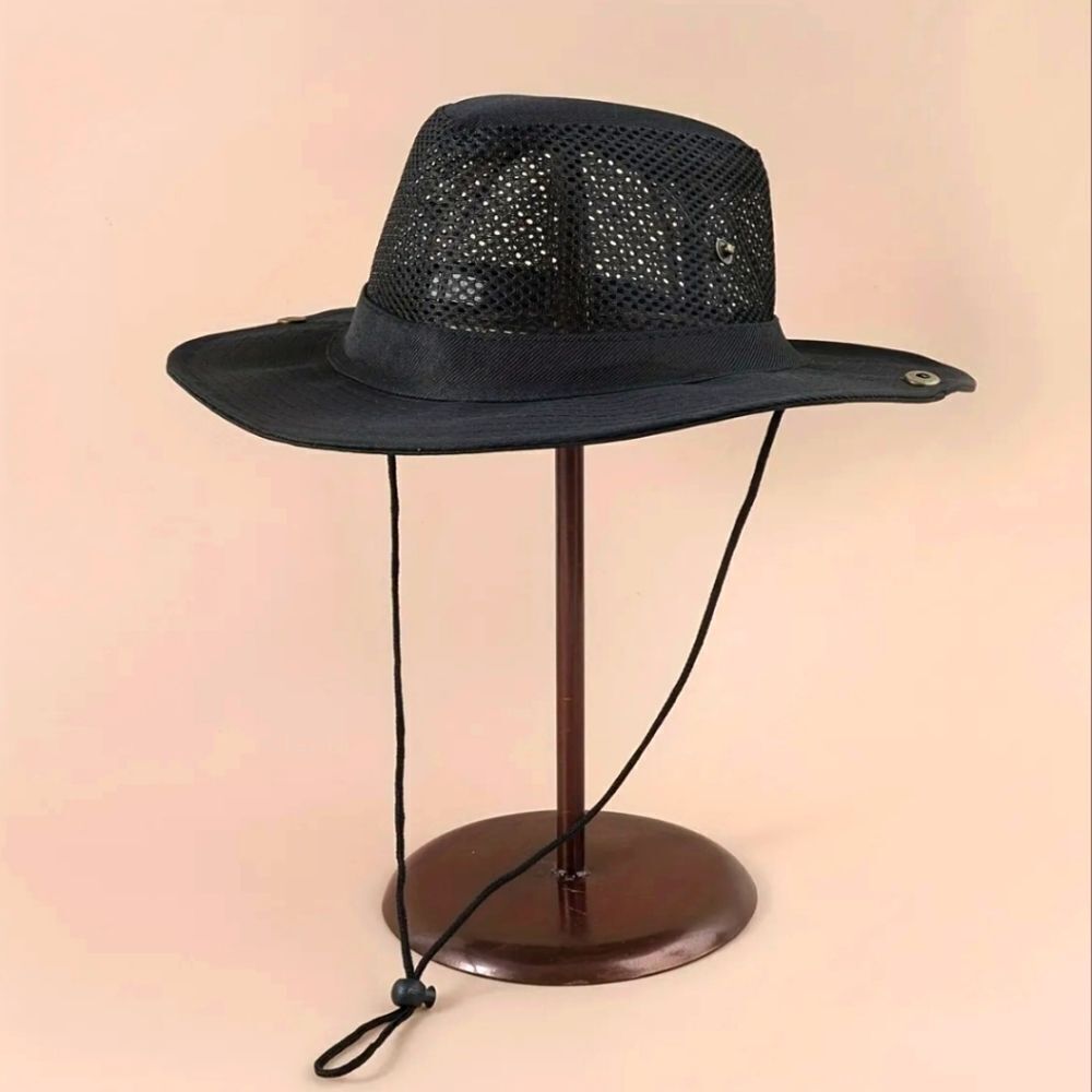 Unisex Breathable Mesh Fisherman Bucket Hat Solid Color Black